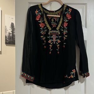 Johnny Was Black Blouse with Colorful Embroidery
